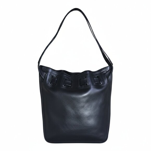 GUCCI Tom Ford Black Leather Drawstring Shoulder Bag Tote GG Double Straps Italy - Picture 5 of 16